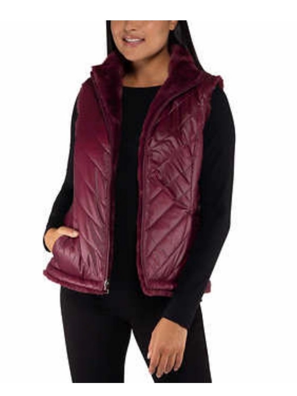 Nicole Miller Quilted Wine Burgundy Reversible Puffer Vest